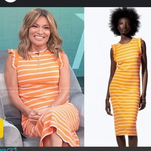 Zara ruffled ribbed, striped midi dress, cotton blend